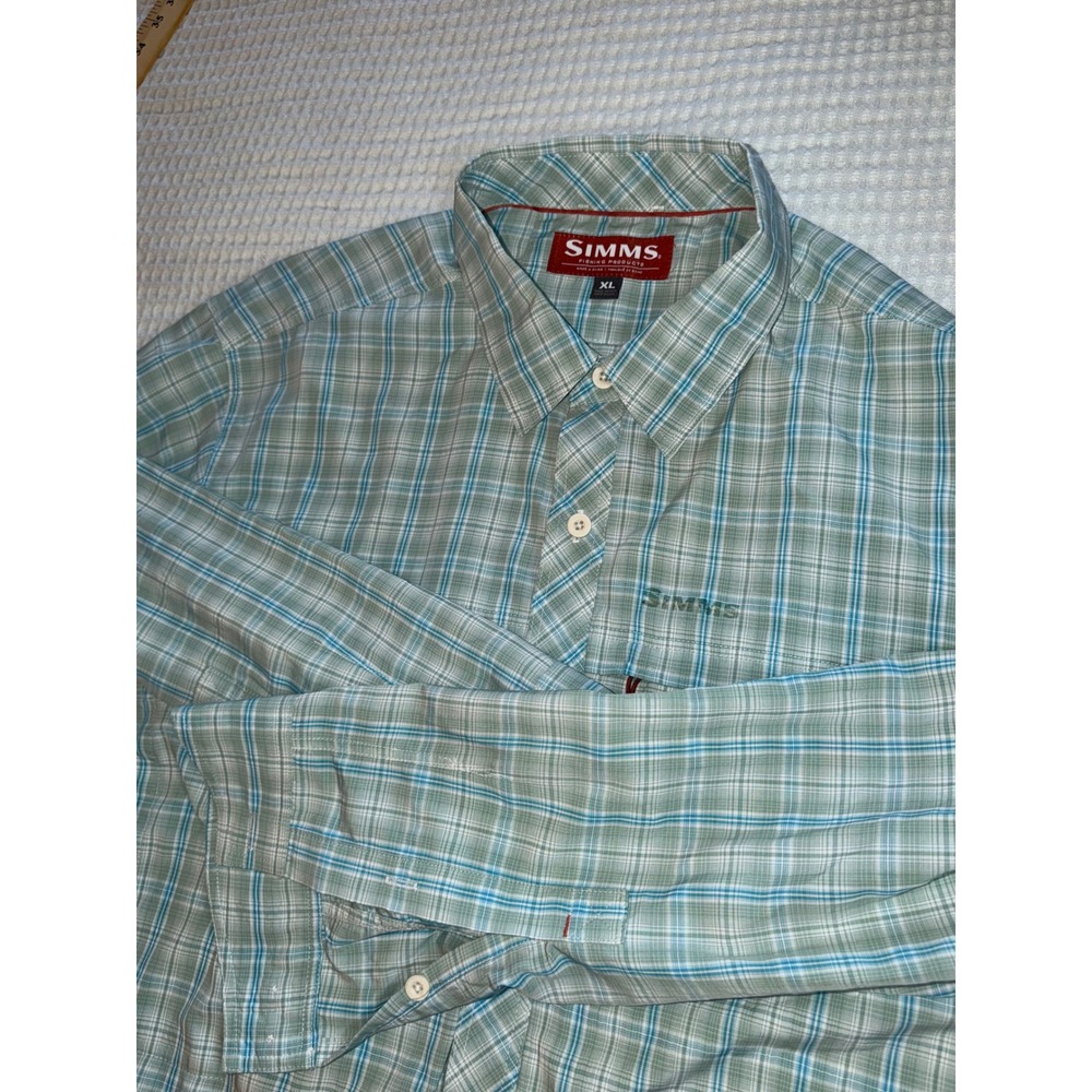 Simms Fishing Shirt Mens XL Green Blue Plaid Long Sleeve Button Down Vented